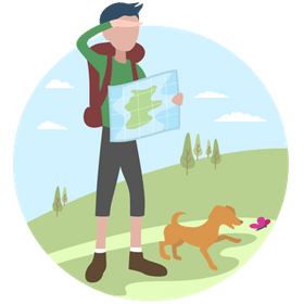 icon of a man holding a map hiking a mountain with a dog representing the Foundation stage on AllGen's Path to Financial Freedom
