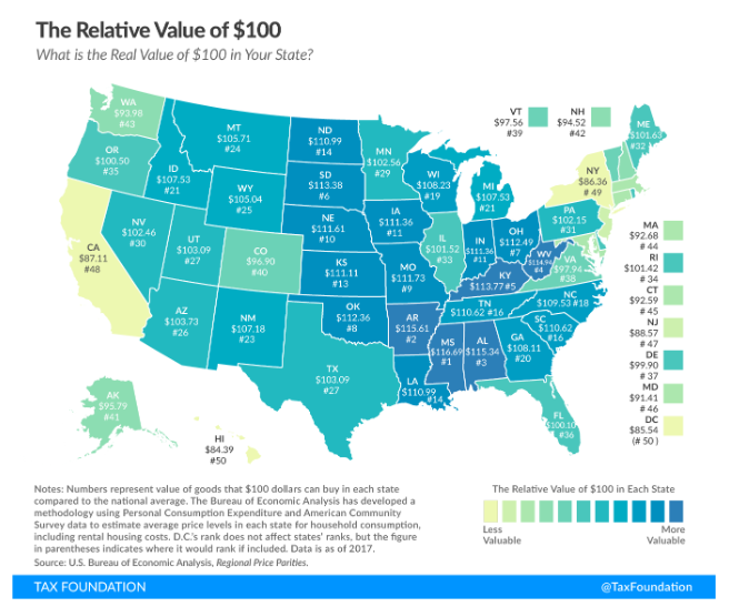 map of the relative value of $100 across the United States
