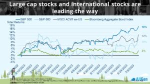 a graph depicting large cap and international stocks over 2023